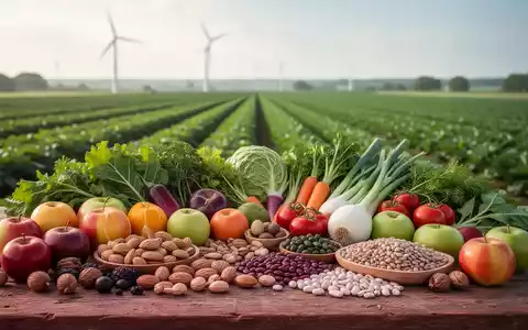 Eine vielfältige Auswahl an frischen pflanzlichen Lebensmitteln auf einem Holztisch, mit grünen Feldern und einer Windkraftanlage im Hintergrund. - Foto: über boerse-global.de