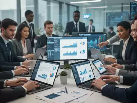 Finanzfachkräfte arbeiten an Laptops in einem modernen Büro, Bildschirme zeigen Finanzdaten und Charts. Fokus auf Teamarbeit und Technologie. - Foto: über boerse-global.de