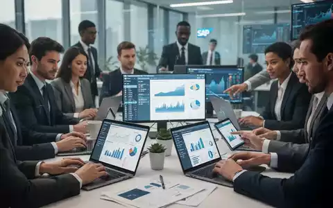 Finanzfachkräfte arbeiten an Laptops in einem modernen Büro, Bildschirme zeigen Finanzdaten und Charts. Fokus auf Teamarbeit und Technologie. - Foto: über boerse-global.de