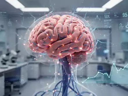 Nahaufnahme eines Gehirnmodells mit leuchtenden Neuronen und medizinischen Daten, symbolisiert Forschung bei seltener Adipositas. - Foto: über boerse-global.de