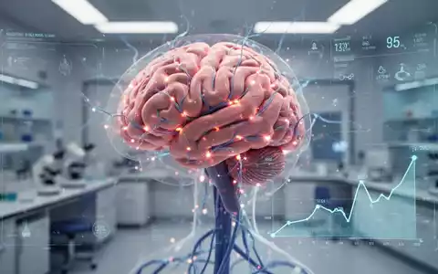 Nahaufnahme eines Gehirnmodells mit leuchtenden Neuronen und medizinischen Daten, symbolisiert Forschung bei seltener Adipositas. - Foto: über boerse-global.de