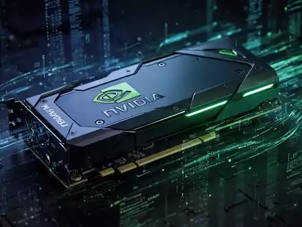 Nahaufnahme einer NVIDIA Blackwell GPU, die blau und grün leuchtet, vor dunklem, futuristischem Hintergrund. - Foto: über boerse-global.de