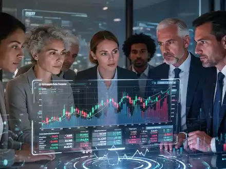 Menschen betrachten digitale Finanzdiagramme und Portfolios, die moderne Altersvorsorge und Steuervorteile symbolisieren. - Foto: über boerse-global.de