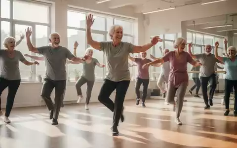 Eine Gruppe lachender Senioren in Sportkleidung, die in einem hellen Raum Gymnastikübungen oder eine Tanzroutine ausführen. - Foto: über boerse-global.de