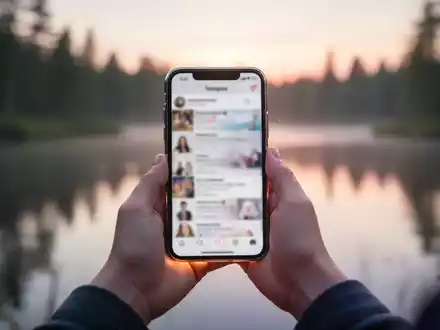 Hände halten ein Smartphone mit verschwommenem Social-Media-Feed, im Hintergrund eine friedliche, unscharfe Naturlandschaft. - Foto: über boerse-global.de