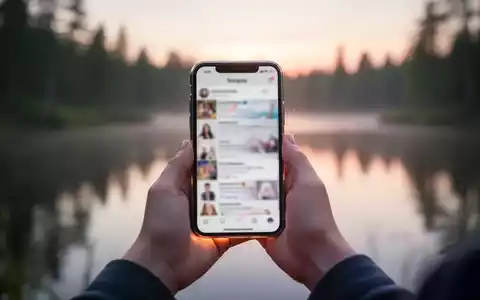 Hände halten ein Smartphone mit verschwommenem Social-Media-Feed, im Hintergrund eine friedliche, unscharfe Naturlandschaft. - Foto: über boerse-global.de