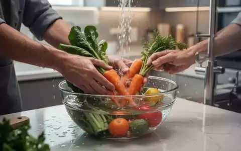 Nahaufnahme von Händen, die Gemüse in einer Wasserschüssel in einer modernen Küche waschen, mit Fokus auf Wassersparen. - Foto: über boerse-global.de