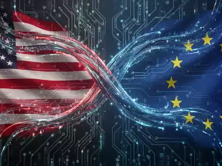 Digitaler Datenstrom und Leiterplattenmuster, die Spannung und Verbindung zwischen der US- und EU-Datenschutzpolitik symbolisieren. - Foto: über boerse-global.de