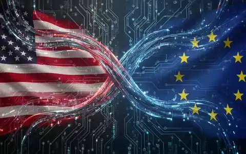 Digitaler Datenstrom und Leiterplattenmuster, die Spannung und Verbindung zwischen der US- und EU-Datenschutzpolitik symbolisieren. - Foto: über boerse-global.de
