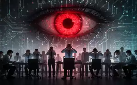 Ein rot leuchtendes KI-Auge über einer Gruppe beunruhigter Büroangestellter. Datenströme symbolisieren automatisierte Entscheidungen. - Foto: über boerse-global.de