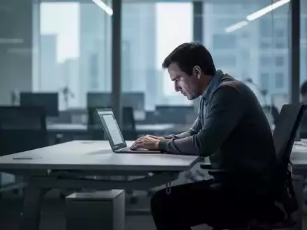 Ein Büroangestellter sitzt mit gekrümmtem Rücken an einem ergonomischen Schreibtisch vor einem Laptop, während weiches Licht durch ein Fenster fällt. - Foto: über boerse-global.de