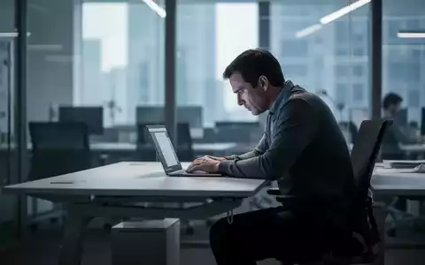 Ein Büroangestellter sitzt mit gekrümmtem Rücken an einem ergonomischen Schreibtisch vor einem Laptop, während weiches Licht durch ein Fenster fällt. - Foto: über boerse-global.de