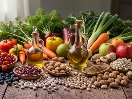 Eine Nahaufnahme einer vielfältigen Auswahl an frischem Gemüse, Obst, Hülsenfrüchten, Nüssen und Olivenöl auf einem Holztisch. - Foto: über boerse-global.de