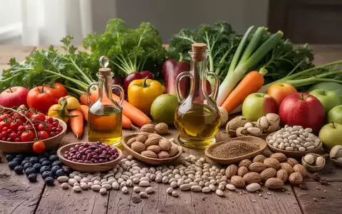Eine Nahaufnahme einer vielfĂ€ltigen Auswahl an frischem GemĂŒse, Obst, HĂŒlsenfrĂŒchten, NĂŒssen und Olivenöl auf einem Holztisch. - Foto: ĂŒber boerse-global.de