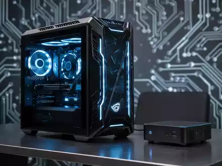Schlanker schwarzer Gaming-PC-Tower mit blauen Innenleuchten neben einem kompakten Mini-PC auf einem metallischen Schreibtisch, Symbol für fortschrittliche Technologie. - Foto: über boerse-global.de