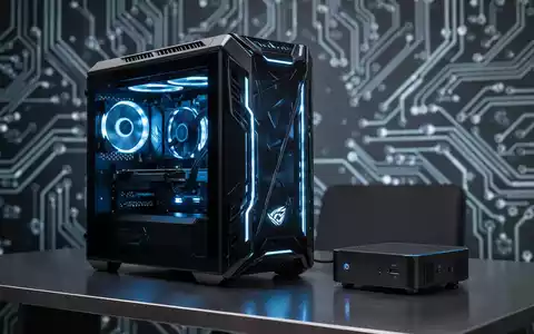 Schlanker schwarzer Gaming-PC-Tower mit blauen Innenleuchten neben einem kompakten Mini-PC auf einem metallischen Schreibtisch, Symbol für fortschrittliche Technologie. - Foto: über boerse-global.de