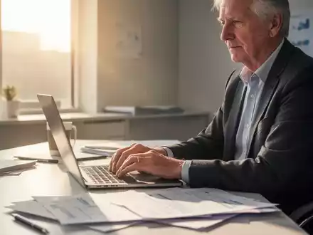 Eine ältere Person arbeitet an einem Laptop an einem Schreibtisch, mit Sonnenlicht, das durch ein Fenster fällt. - Foto: über boerse-global.de