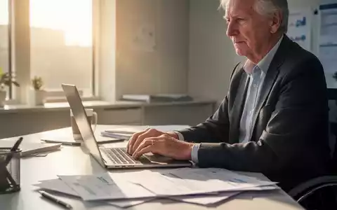 Eine ältere Person arbeitet an einem Laptop an einem Schreibtisch, mit Sonnenlicht, das durch ein Fenster fällt. - Foto: über boerse-global.de