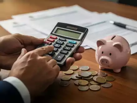 Hände halten einen Taschenrechner über Münzen und einem Sparschwein auf einem Schreibtisch, umgeben von Dokumenten. - Foto: über boerse-global.de