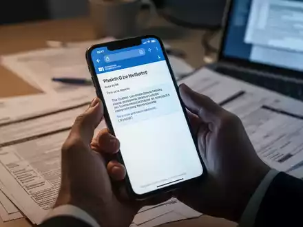 Nahaufnahme einer Hand, die ein Smartphone mit einer Phishing-E-Mail hält, im Hintergrund verschwommene Steuerunterlagen und ein Laptop. - Foto: über boerse-global.de