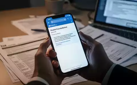 Nahaufnahme einer Hand, die ein Smartphone mit einer Phishing-E-Mail hält, im Hintergrund verschwommene Steuerunterlagen und ein Laptop. - Foto: über boerse-global.de