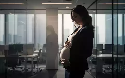 Eine schwangere Frau in professioneller Kleidung steht in einem modernen Büro, das Konzept des Mutterschutzes darstellend. - Foto: über boerse-global.de