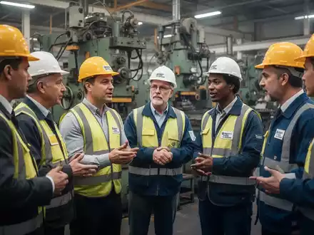 Arbeiterkammer- und ÖGB-Vertreter im Gespräch mit Arbeitern in einer modernen Fabrikhalle, mit Maschinen im Hintergrund. - Foto: über boerse-global.de