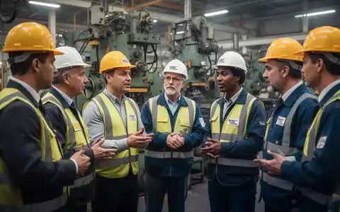 Arbeiterkammer- und ÖGB-Vertreter im Gespräch mit Arbeitern in einer modernen Fabrikhalle, mit Maschinen im Hintergrund. - Foto: über boerse-global.de