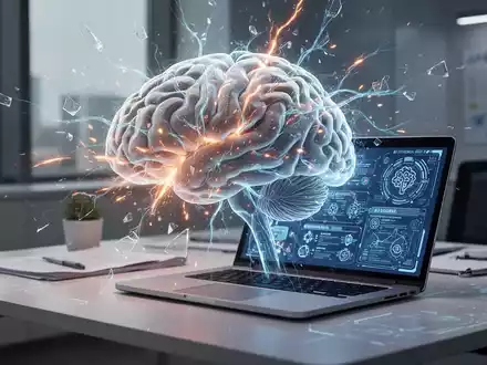 Eine stilisierte Gehirnvisualisierung mit leuchtenden neuronalen Pfaden über einem Schreibtisch mit Laptop und digitalen Schnittstellen. - Foto: über boerse-global.de