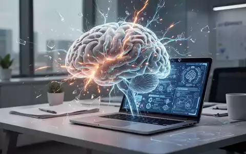 Eine stilisierte Gehirnvisualisierung mit leuchtenden neuronalen Pfaden über einem Schreibtisch mit Laptop und digitalen Schnittstellen. - Foto: über boerse-global.de
