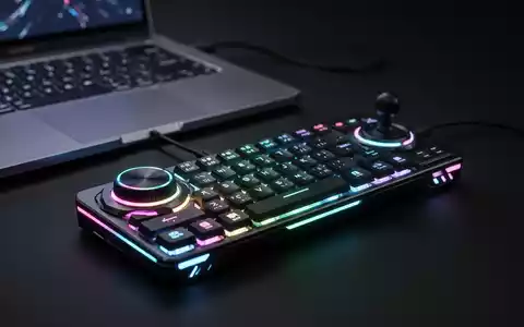 Schlankes, dunkles Mini-Keyboard mit leuchtenden RGB-Tasten, Drehregler und Joystick, verbunden mit einem modernen Laptop. - Foto: über boerse-global.de