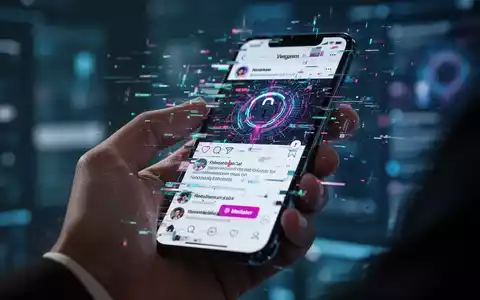 Eine Hand hält ein Smartphone mit einer verzerrten Social-Media-Oberfläche, die Hacking und Datenschutzbedenken symbolisiert. - Foto: über boerse-global.de