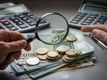 Eine Hand hält eine Lupe über Euro-Banknoten und Münzen, mit einem Taschenrechner und einem Stift im Hintergrund, der finanzielle Prüfung symbolisiert. - Foto: über boerse-global.de