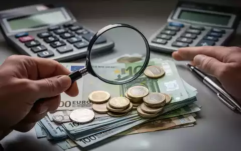 Eine Hand hält eine Lupe über Euro-Banknoten und Münzen, mit einem Taschenrechner und einem Stift im Hintergrund, der finanzielle Prüfung symbolisiert. - Foto: über boerse-global.de
