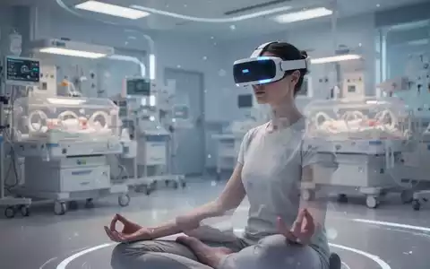 Eine Person mit VR-Headset meditiert in einer virtuellen Umgebung, im unscharfen Hintergrund eine Neonatal-Intensivstation. - Foto: über boerse-global.de