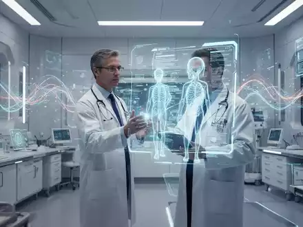 Ein Arzt betrachtet ein holografisches Patientenblatt, umgeben von digitalen Schnittstellen und abstrakten Datenströmen, die medizinische Innovation symbolisieren. - Foto: über boerse-global.de
