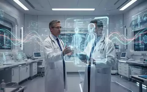 Ein Arzt betrachtet ein holografisches Patientenblatt, umgeben von digitalen Schnittstellen und abstrakten Datenströmen, die medizinische Innovation symbolisieren. - Foto: über boerse-global.de