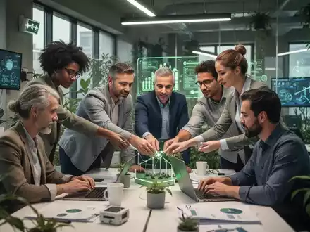 Ein vielfältiges Team von Fachleuten arbeitet zusammen in einem modernen, nachhaltigen Büro mit dezenter grüner Technologie. - Foto: über boerse-global.de