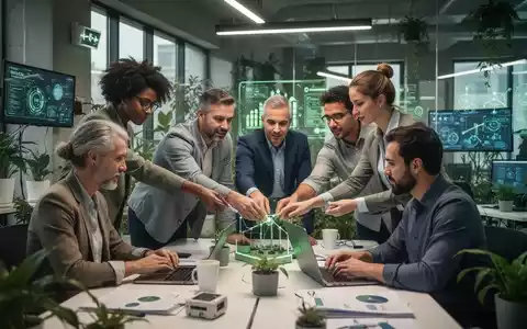 Ein vielfältiges Team von Fachleuten arbeitet zusammen in einem modernen, nachhaltigen Büro mit dezenter grüner Technologie. - Foto: über boerse-global.de