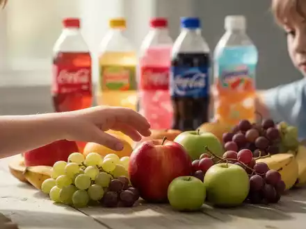 Eine Kinderhand greift nach einem Apfel, im unscharfen Hintergrund sind zuckerhaltige Getränke zu erkennen. - Foto: über boerse-global.de