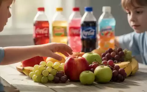 Eine Kinderhand greift nach einem Apfel, im unscharfen Hintergrund sind zuckerhaltige Getränke zu erkennen. - Foto: über boerse-global.de