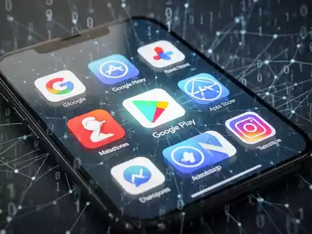 Mehrere App-Store-Logos, darunter Google Play, auf einem Smartphone-Bildschirm, die Wettbewerb und Auswahl bei der Verteilung mobiler Apps darstellen. - Foto: über boerse-global.de