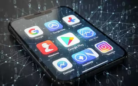 Mehrere App-Store-Logos, darunter Google Play, auf einem Smartphone-Bildschirm, die Wettbewerb und Auswahl bei der Verteilung mobiler Apps darstellen. - Foto: über boerse-global.de