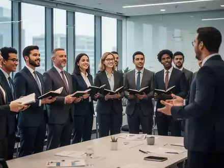 Eine Gruppe von Geschäftsleuten sitzt aufmerksam in einem Konferenzraum, während ein Redner Präsentation gibt. - Foto: über boerse-global.de