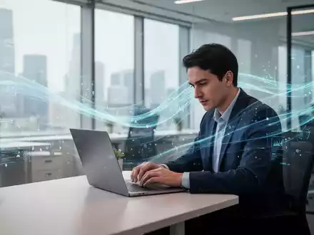 Eine Person arbeitet konzentriert an einem Laptop, umgeben von schwebenden, leuchtenden Digital-Icons, die Bürokratieabbau und Effizienz symbolisieren. - Foto: über boerse-global.de