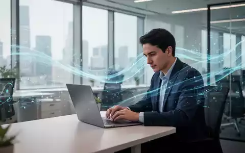 Eine Person arbeitet konzentriert an einem Laptop, umgeben von schwebenden, leuchtenden Digital-Icons, die Bürokratieabbau und Effizienz symbolisieren. - Foto: über boerse-global.de