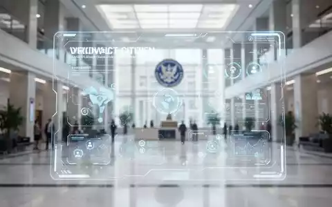 Futuristisches, klares virtuelles Bürgerbüro-Interface auf transparentem Bildschirm, unscharfer Hintergrund einer modernen Regierungsgebäude-Lobby. - Foto: über boerse-global.de