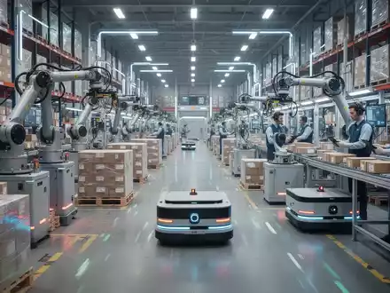 Ein modernes Logistiklager mit autonomen Robotern, die Pakete sortieren, und Mitarbeitern, die Sprachsteuerung verwenden. - Foto: über boerse-global.de