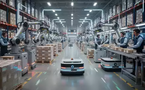 Ein modernes Logistiklager mit autonomen Robotern, die Pakete sortieren, und Mitarbeitern, die Sprachsteuerung verwenden. - Foto: über boerse-global.de