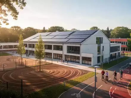 Ein modernes Schulgebäude mit Solaranlagen auf dem Dach, umgeben von begrünten Schulhöfen und Bäumen. Studenten sind im Hintergrund zu sehen. - Foto: über boerse-global.de
